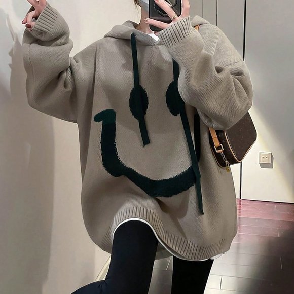. Sweaters - Khaki Casual Womens Cartoon Drop Shoulder Oversized Drawstring Hooded Sweater